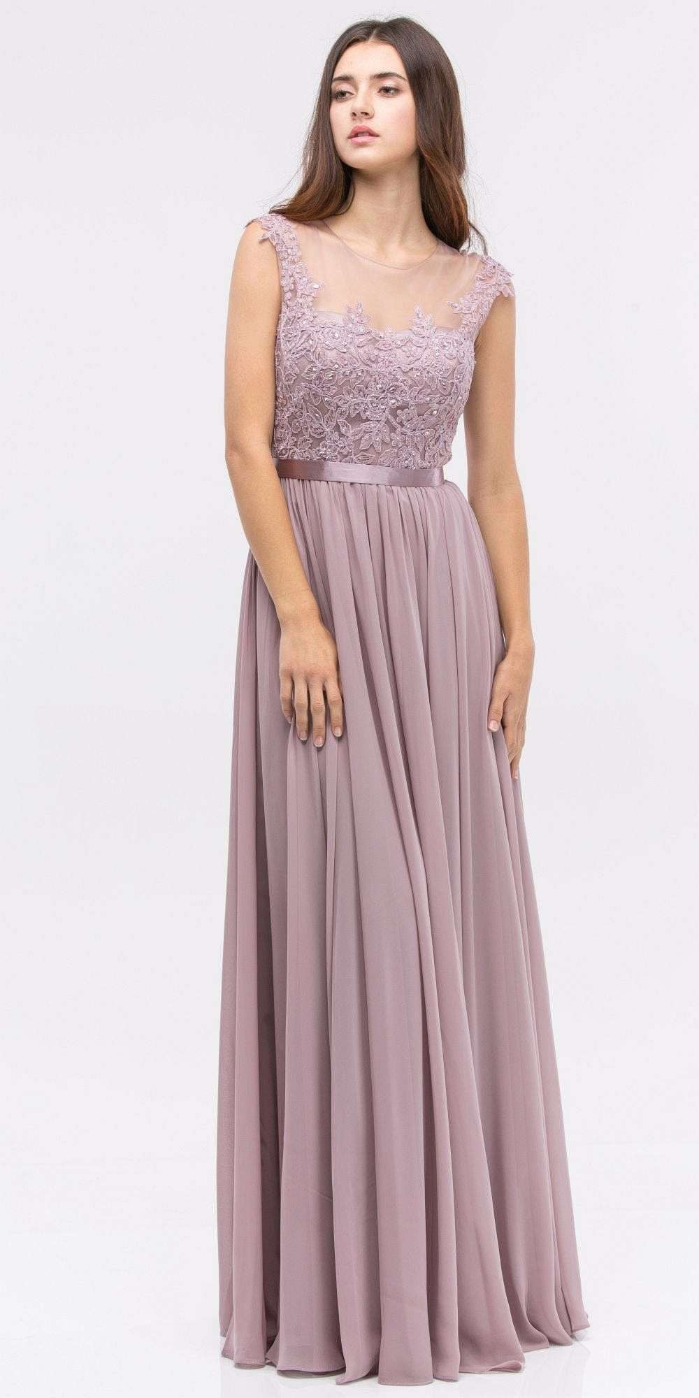 Mauve lace illusion bodice sleeveless A-line long dress with gathered chiffon skirt
