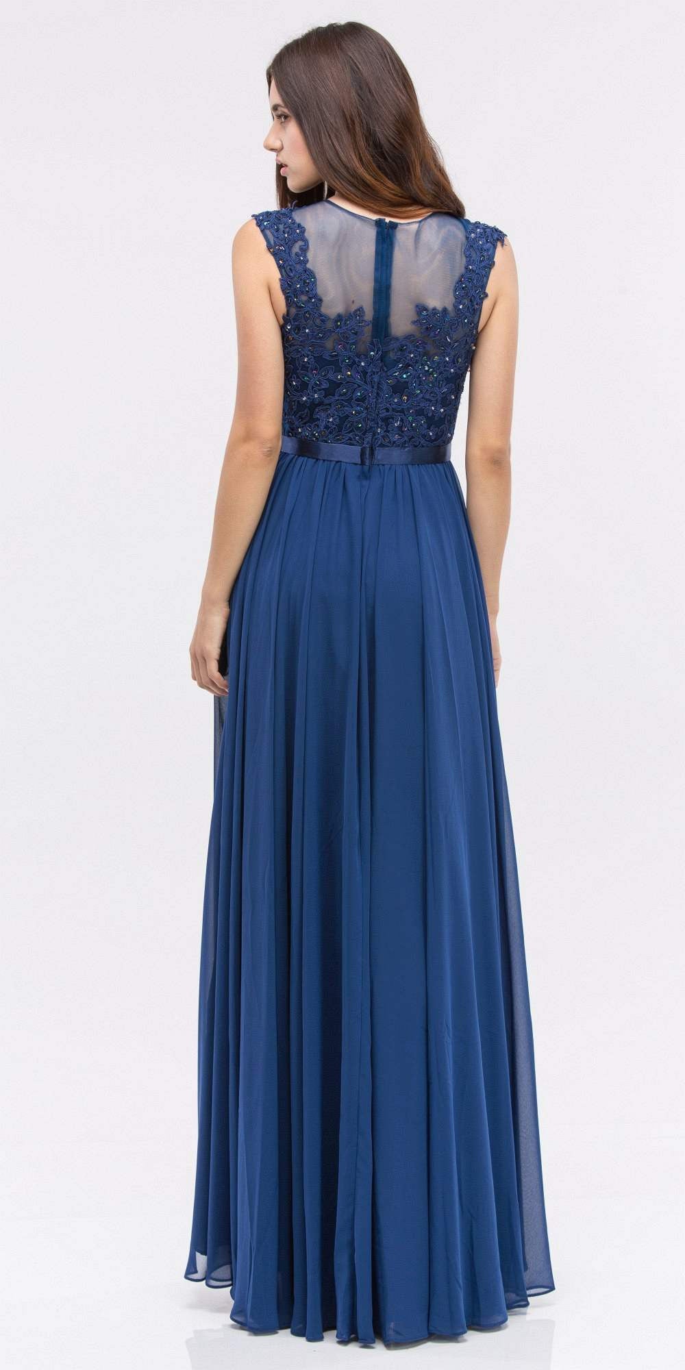 Navy backless lace bodice A-line long dress with gathered chiffon skirt