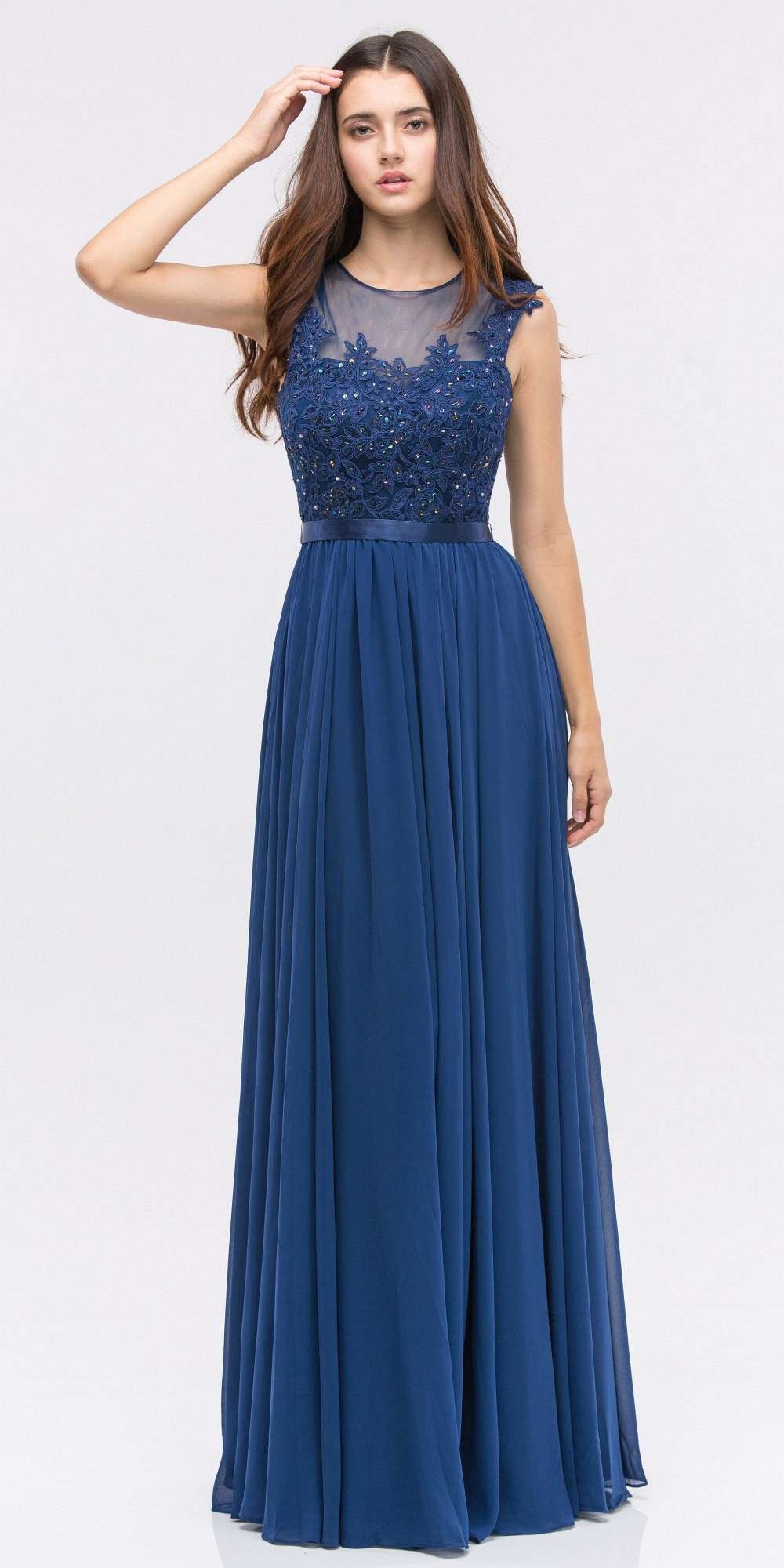 Deep blue lace illusion bodice sleeveless A-line long dress with flowing chiffon skirt