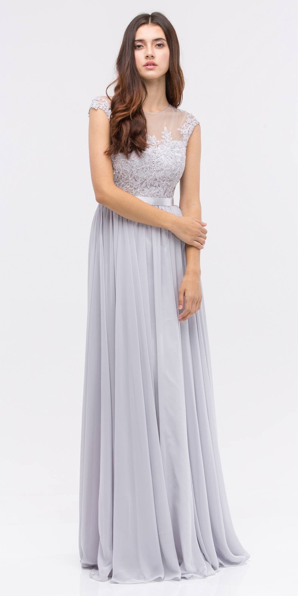 Light gray lace illusion bodice sleeveless A-line long dress with chiffon skirt