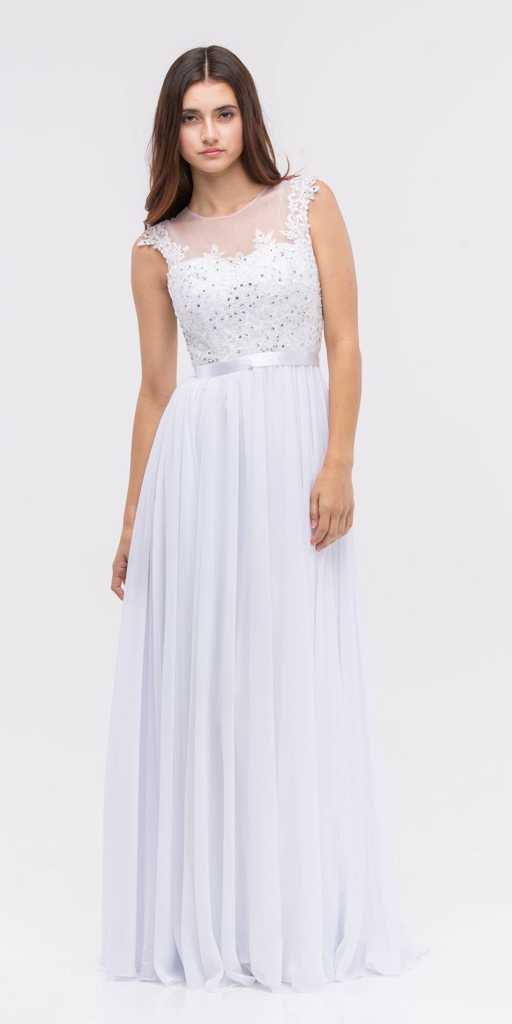 Sleeveless lace illusion dress with bateau neckline and A-line skirt, light color