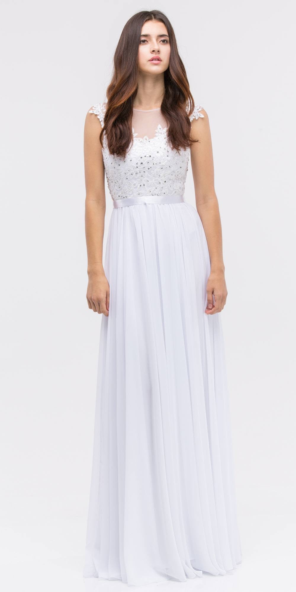 White lace illusion bodice sleeveless A-line long dress with flowing chiffon skirt