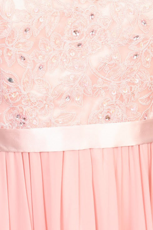 Lace bodice detail and pleated light pink skirt with waist seam