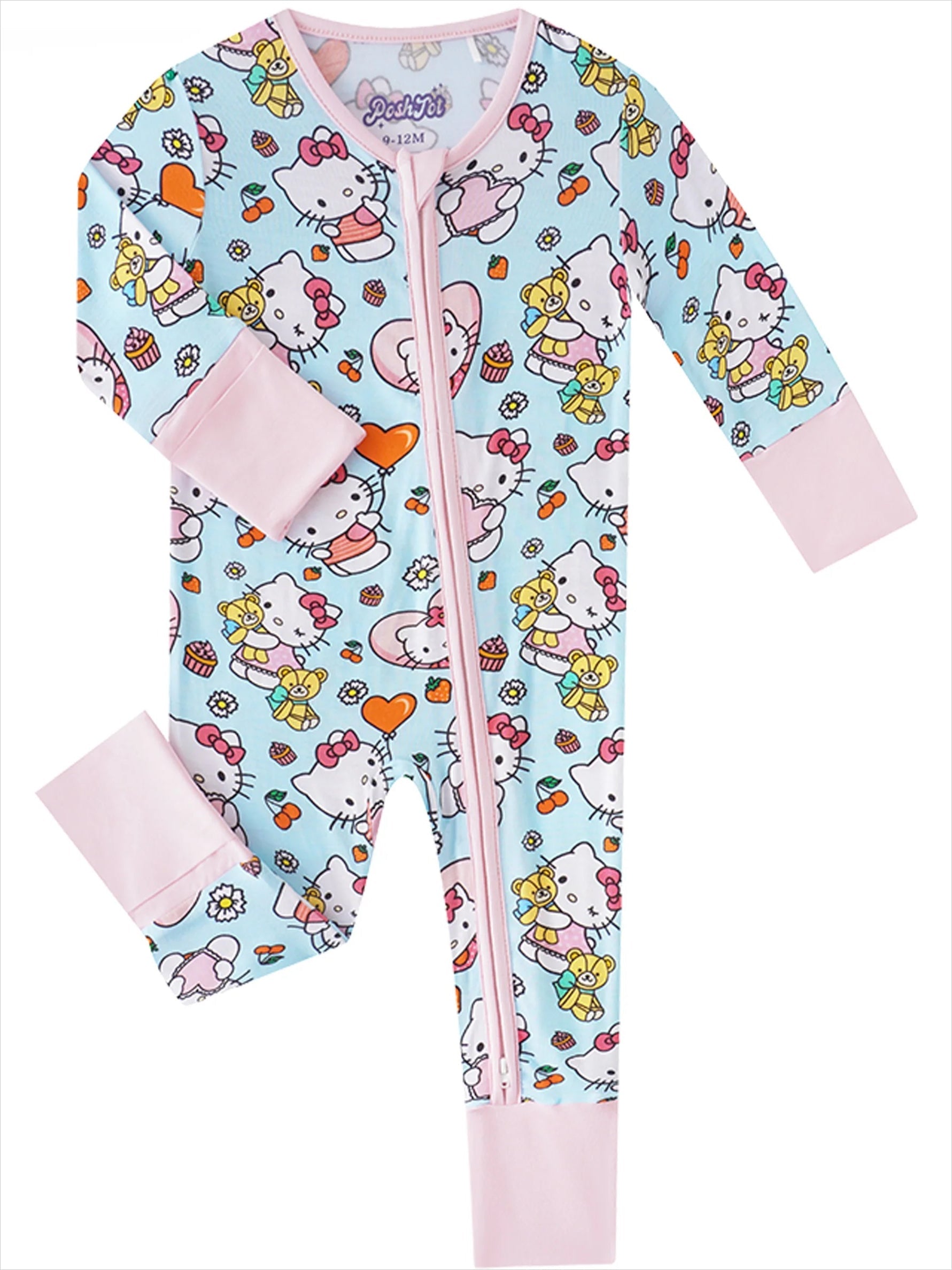Bamboo baby romper pajama with pink Hello Kitty friends print, two-way zip front