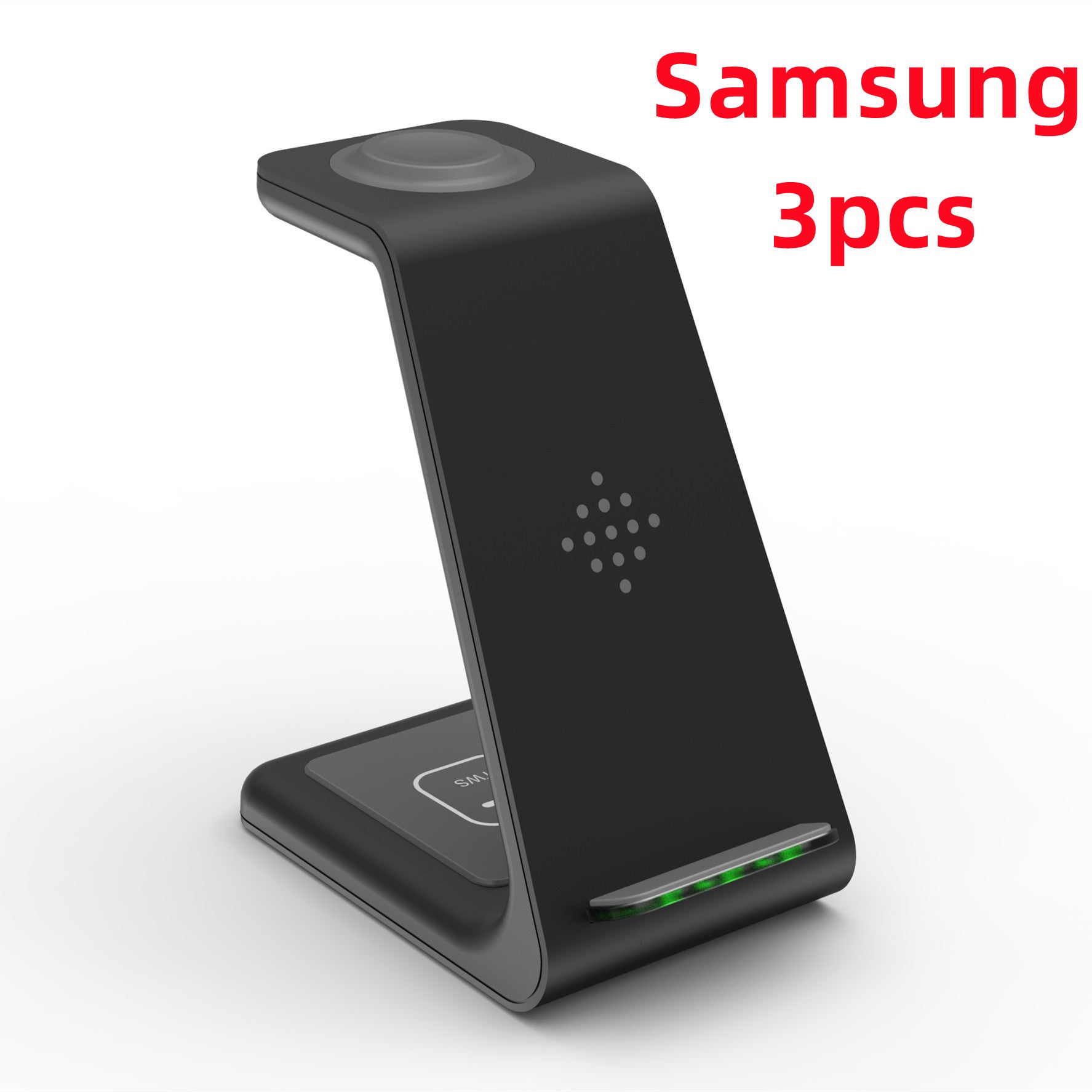 Wireless charging stand with angled phone holder, black finish, glowing green LED strip