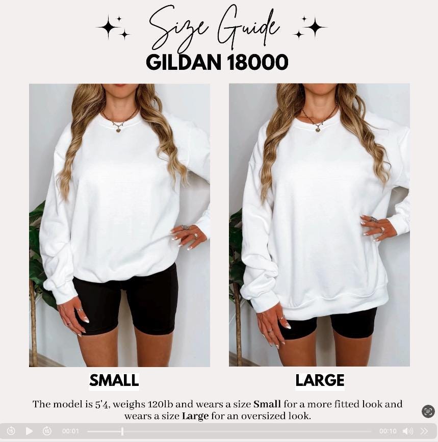 White sweatshirt front view with Gildan 18000 size guide for small and large