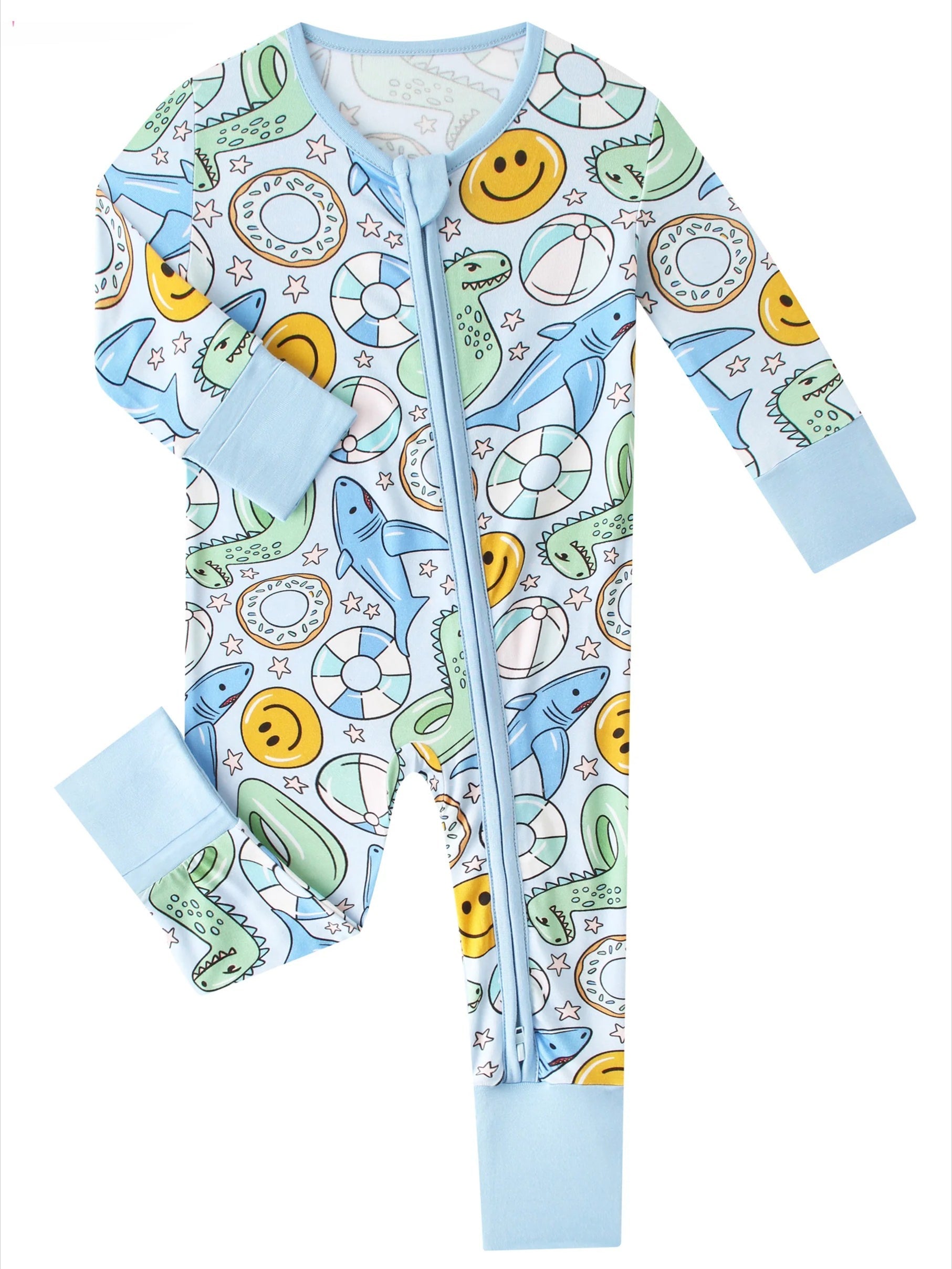 Baby zip romper in light blue with space-and-smile print and front zipper
