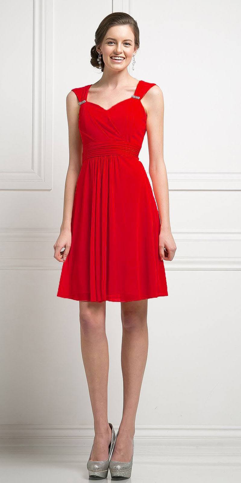 Red chiffon short dress with sweetheart neckline and gathered waist
