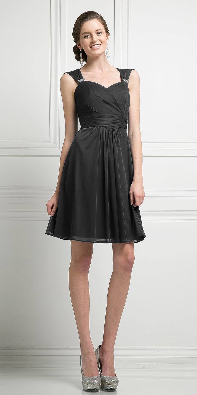 Black chiffon short dress with sweetheart neckline and gathered waist