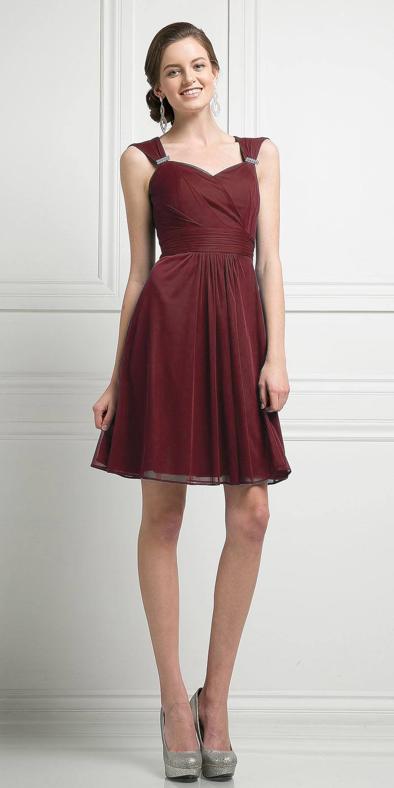 Burgundy chiffon short dress with sweetheart neckline and gathered waist