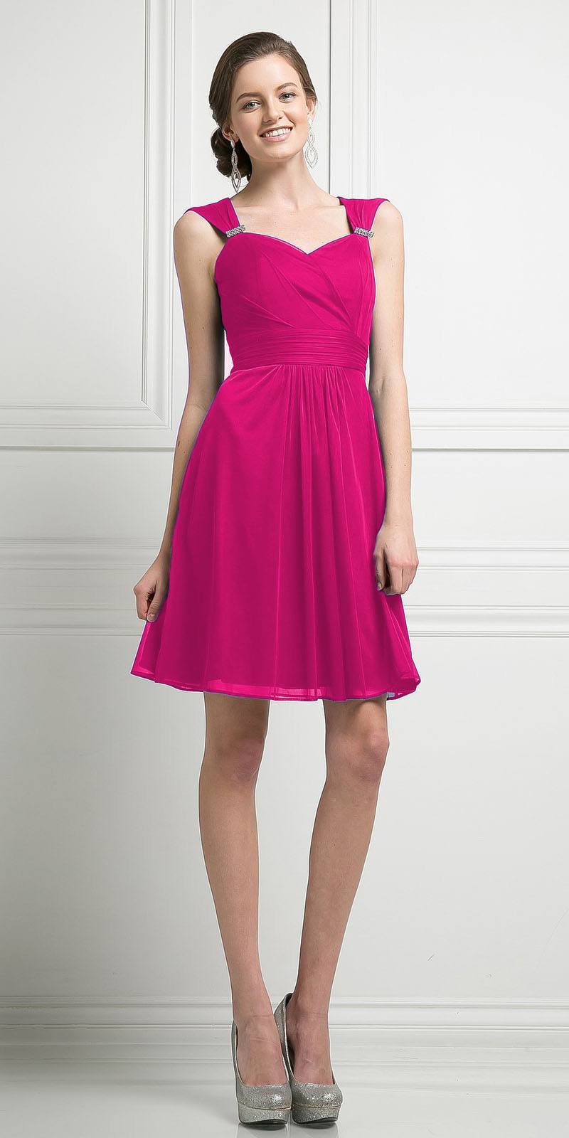 Pink chiffon short dress with sweetheart neckline and gathered waist