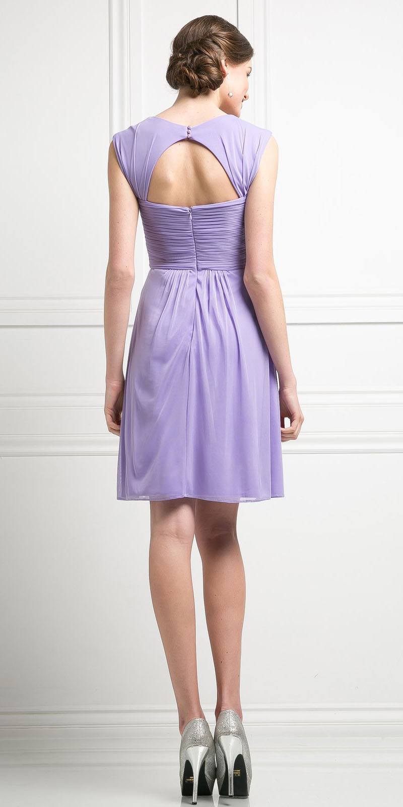 Lavender chiffon short dress with strappy open back and gathered waist