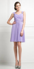 Lavender chiffon short dress with sweetheart neckline and gathered waist