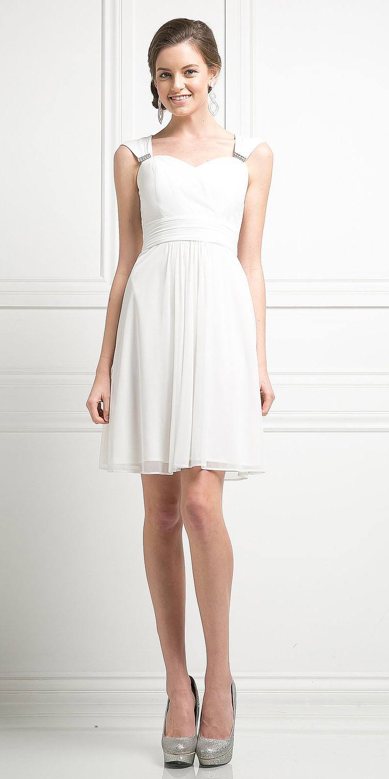 White chiffon short dress with sweetheart neckline and gathered waist