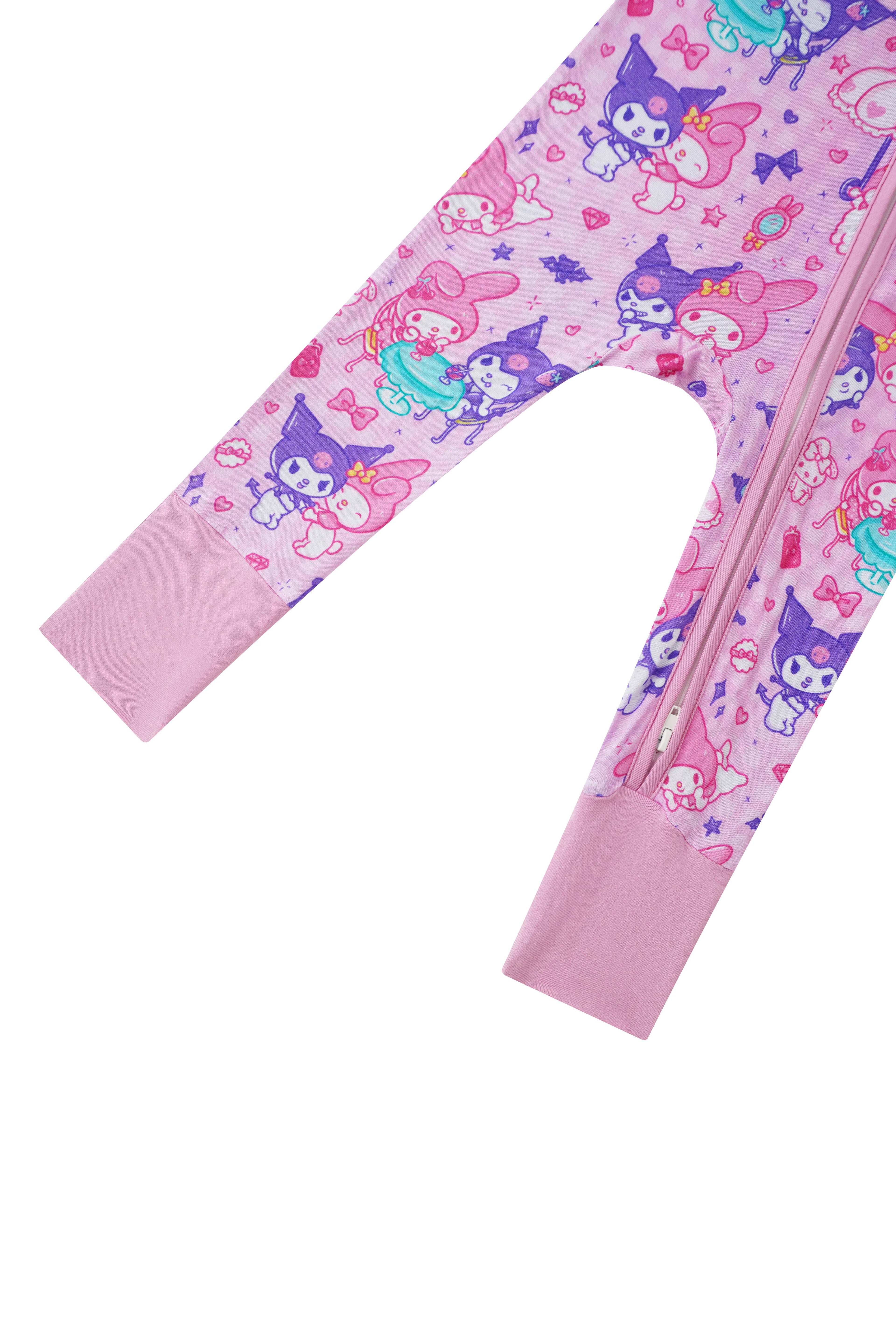 Pink bamboo baby zip romper with allover Kuromi and friends print, side view