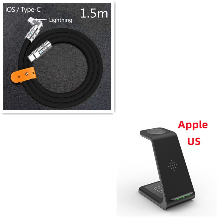 Wireless charging stand dock with phone cradle and integrated cable, with 1.5 m cord.