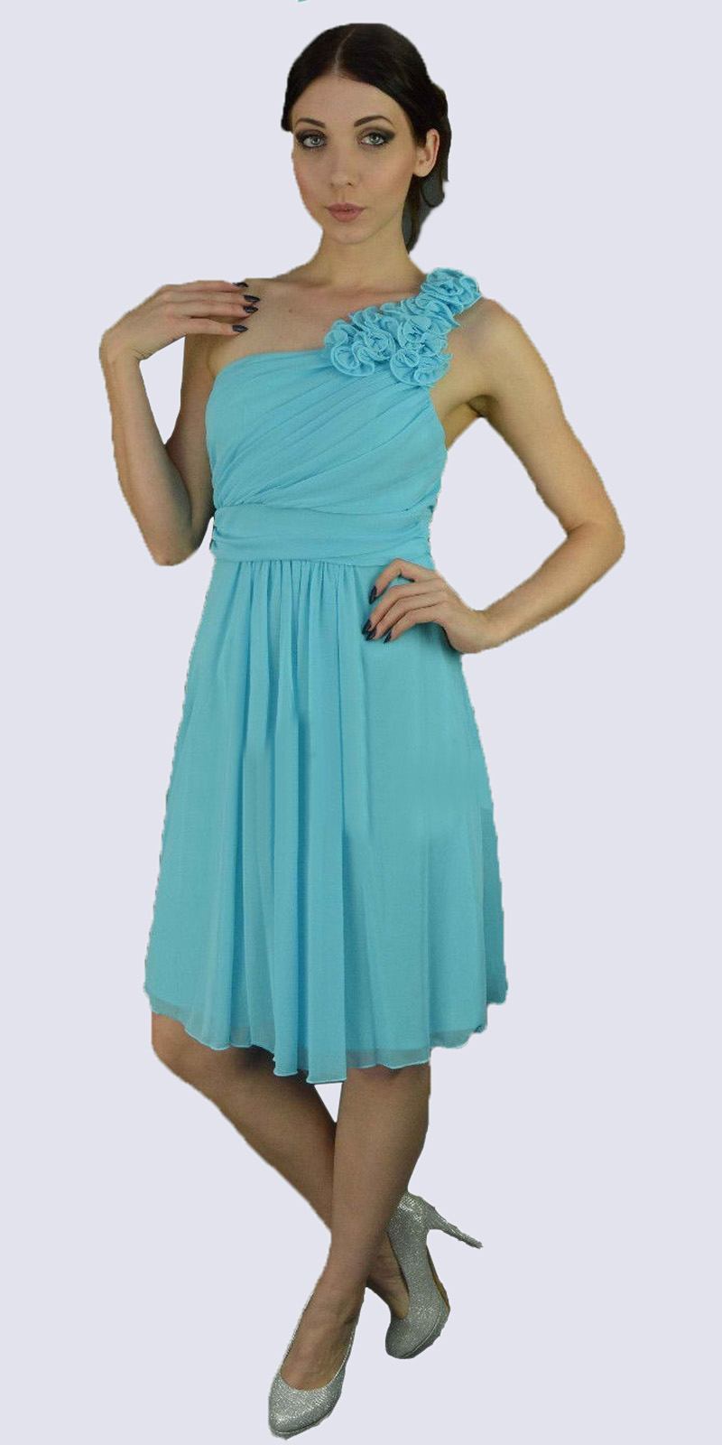 One-shoulder chiffon dress in light blue with ruffled one-shoulder detail and gathered waist