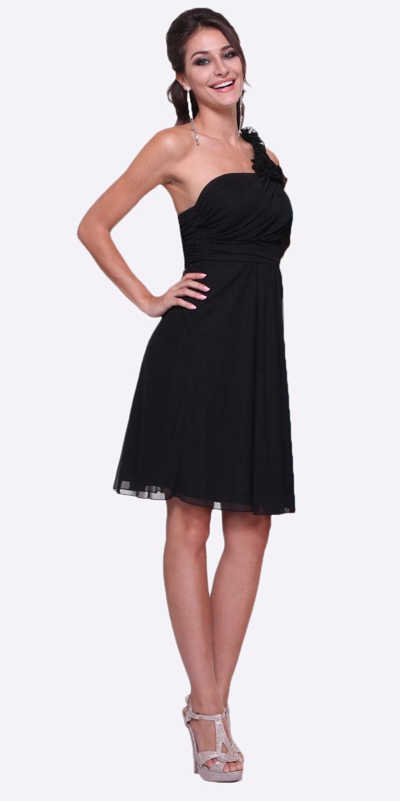 One-shoulder chiffon dress in black, fitted bodice with gathered skirt and tulle hem