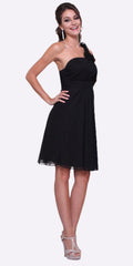 One-shoulder chiffon dress in black, fitted bodice with gathered skirt and tulle hem