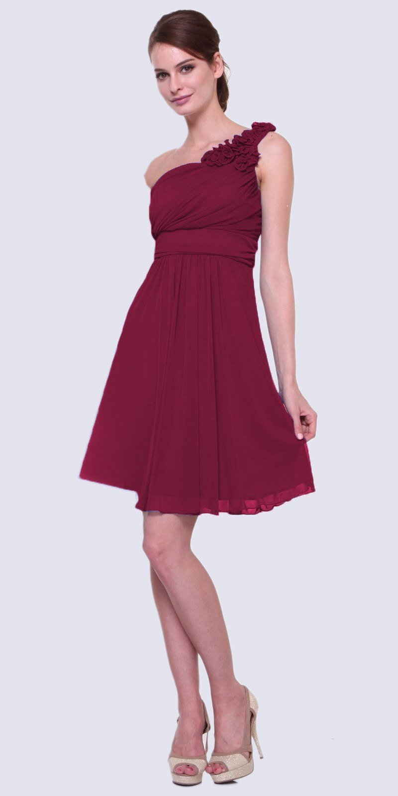 One-shoulder chiffon dress in burgundy, ruched bodice with flowing gathered skirt