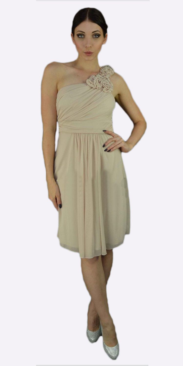 One-shoulder chiffon dress in cream with draped bodice and gathered skirt