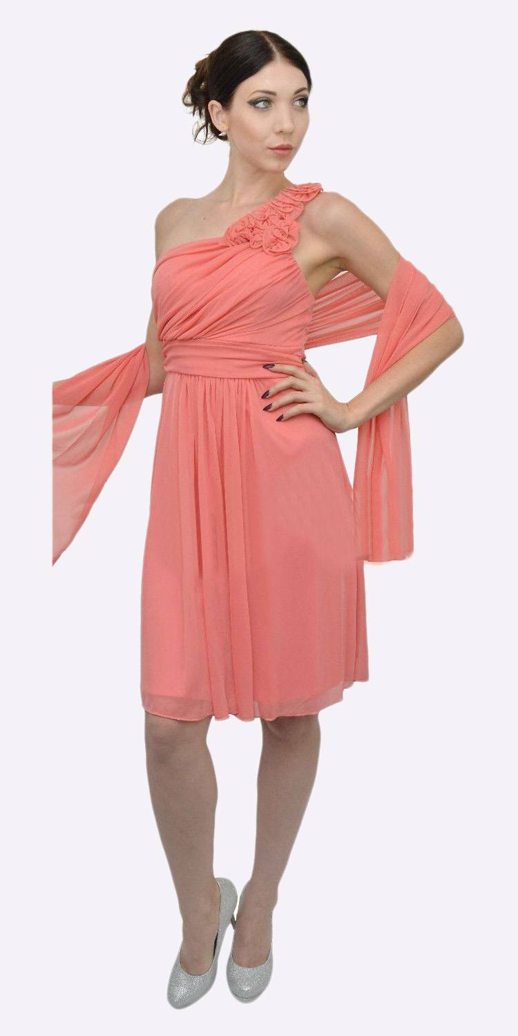 One-shoulder chiffon dress in coral pink with ruffled shoulder and gathered skirt
