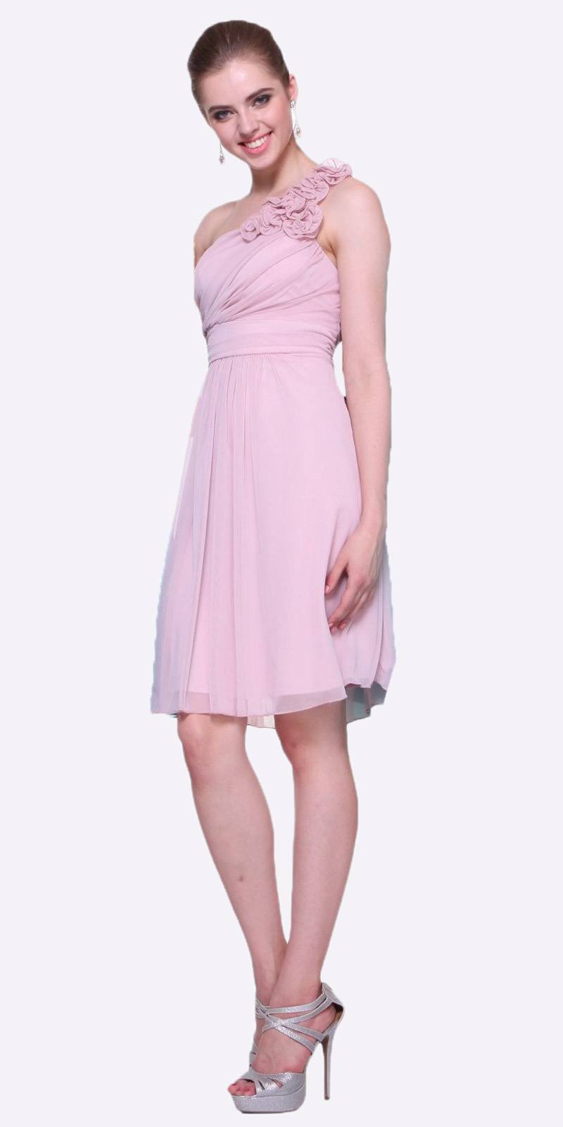 One-shoulder chiffon dress in pale pink with lace-like ruffle bodice and gathered skirt