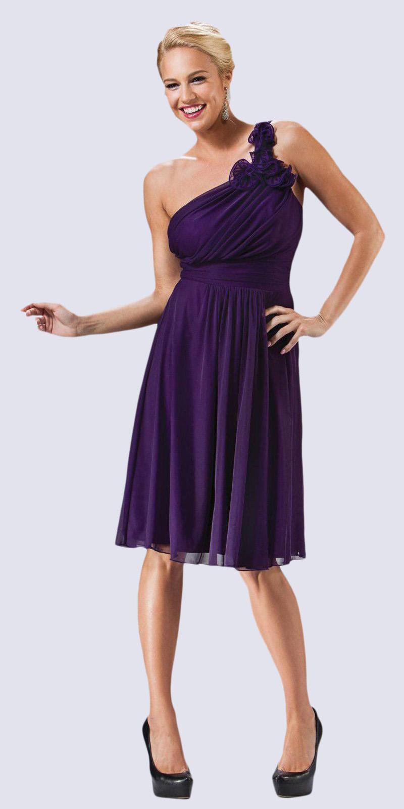 One-shoulder chiffon dress in deep purple with ruching and gathered waist skirt