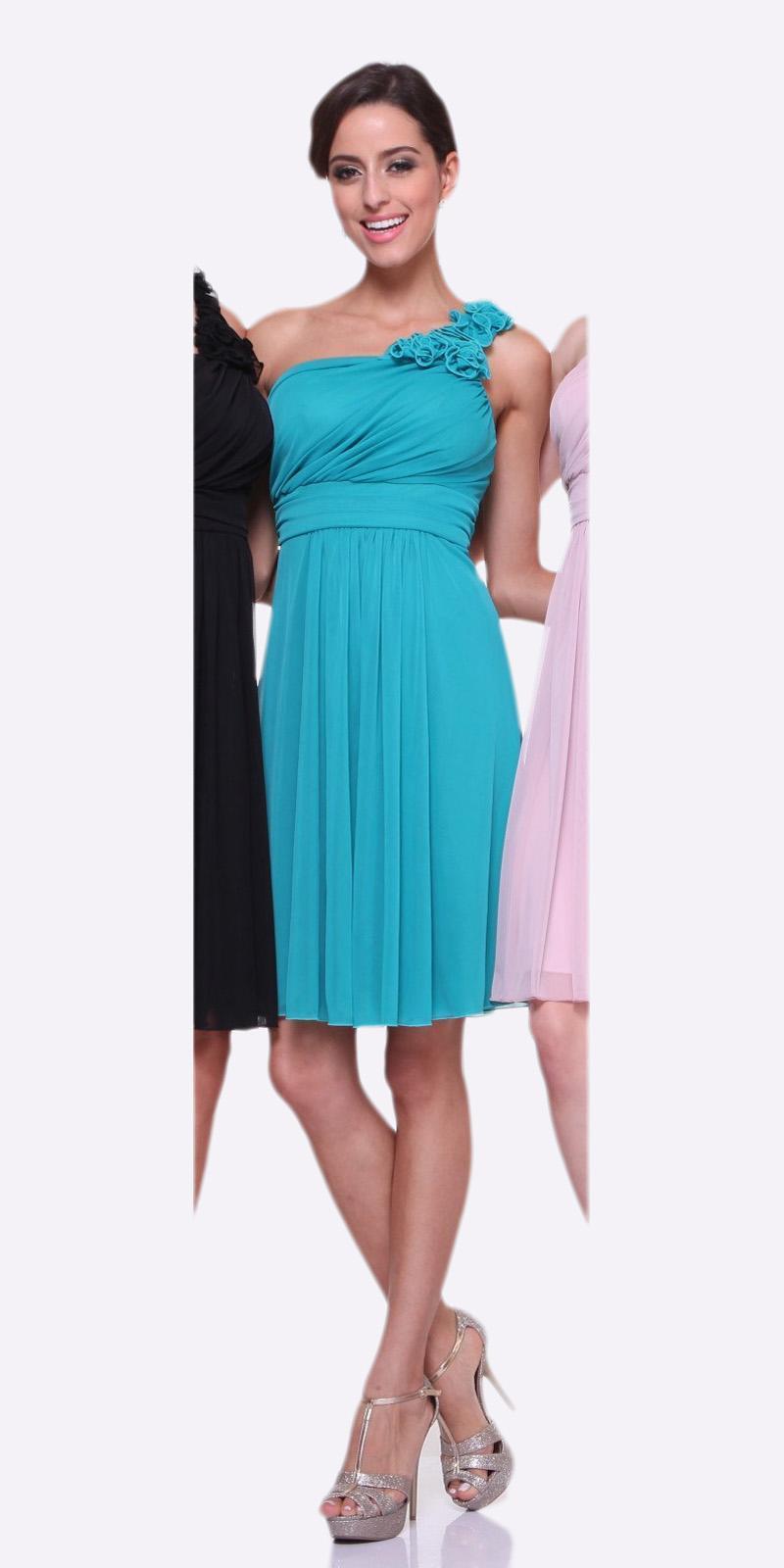 One-shoulder chiffon dress in teal with ruffle detail and gathered waist, knee-length.