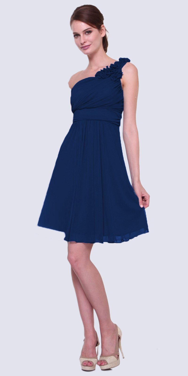 One-shoulder chiffon dress in navy with ruffle detail and gathered waist, knee-length.