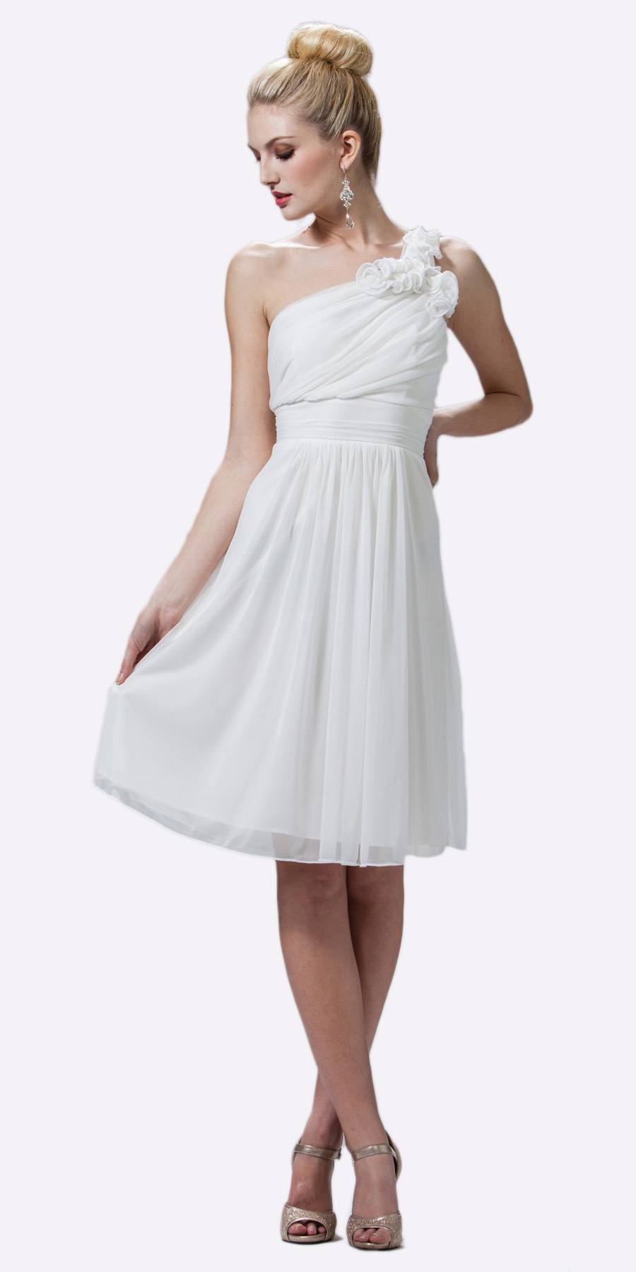 One-shoulder chiffon dress in white with ruffle detail and gathered waist, knee-length.