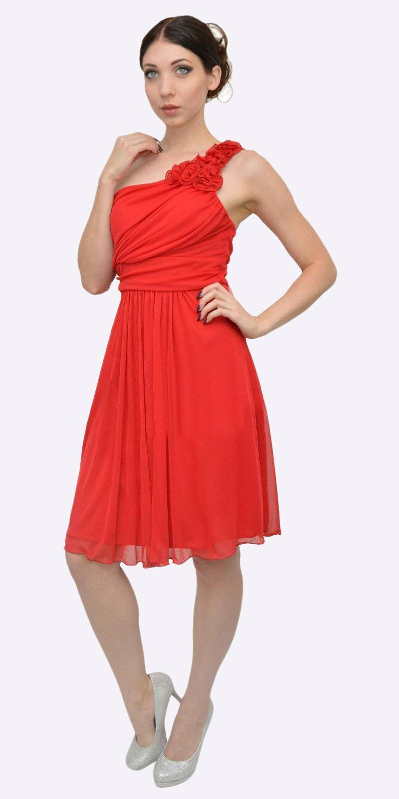 One-shoulder chiffon dress in red with ruffle detail and gathered waist, knee-length.