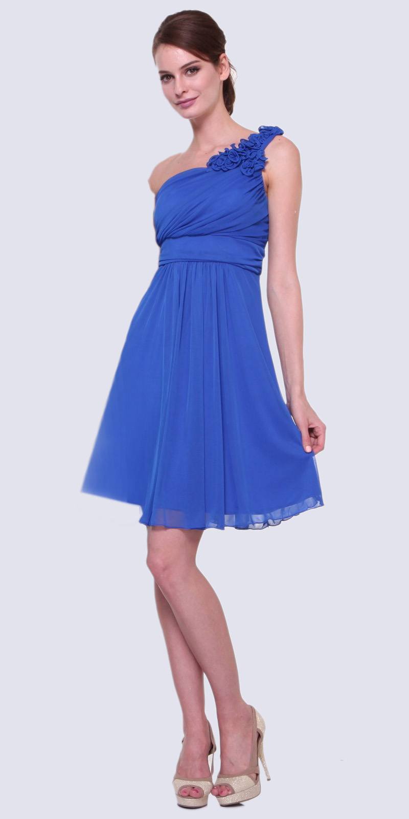 One-shoulder chiffon dress in royal blue with ruffle detail and gathered waist, knee-length.