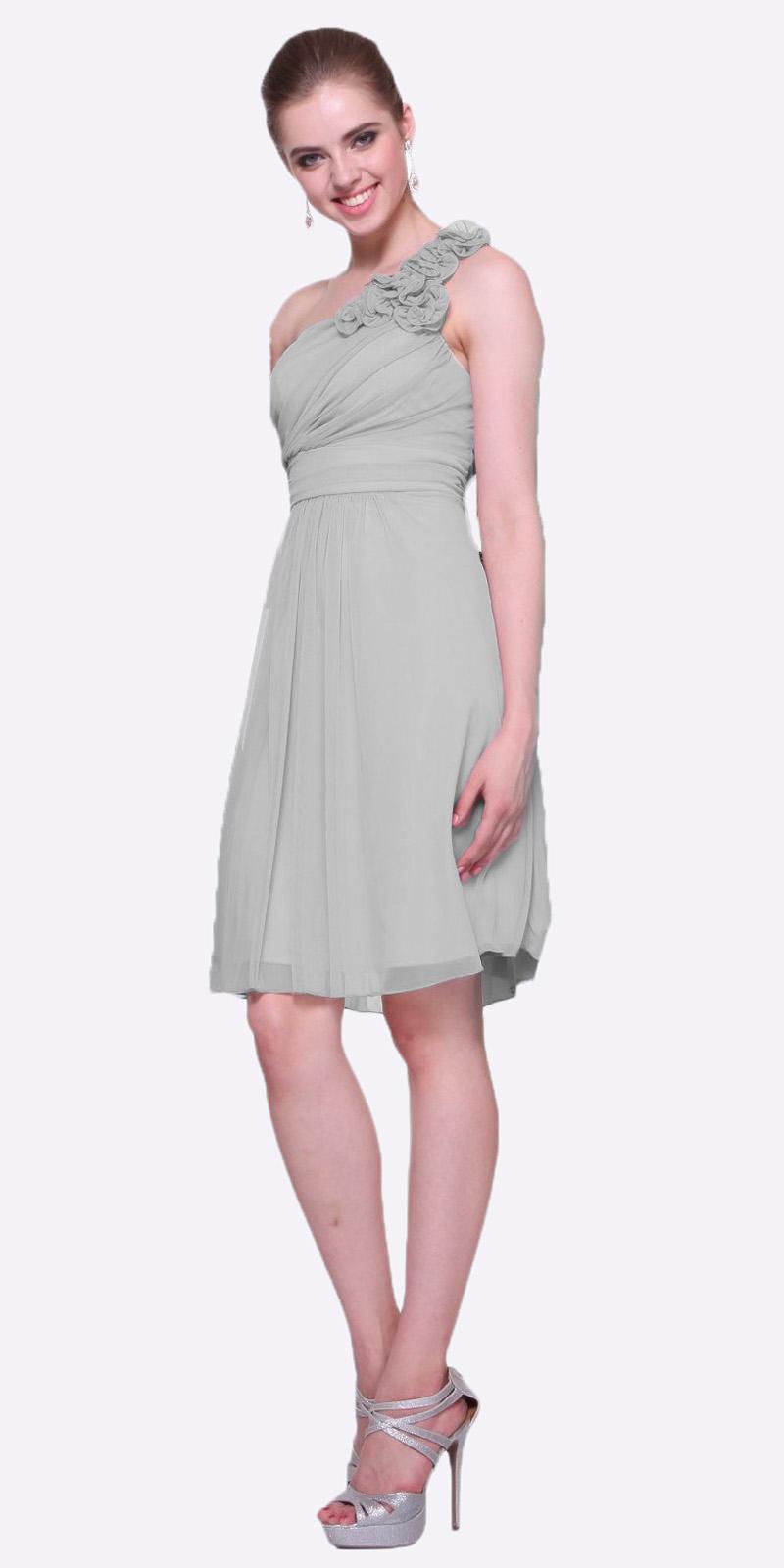 One-shoulder chiffon dress in light gray with ruffle detail and gathered waist, knee-length.