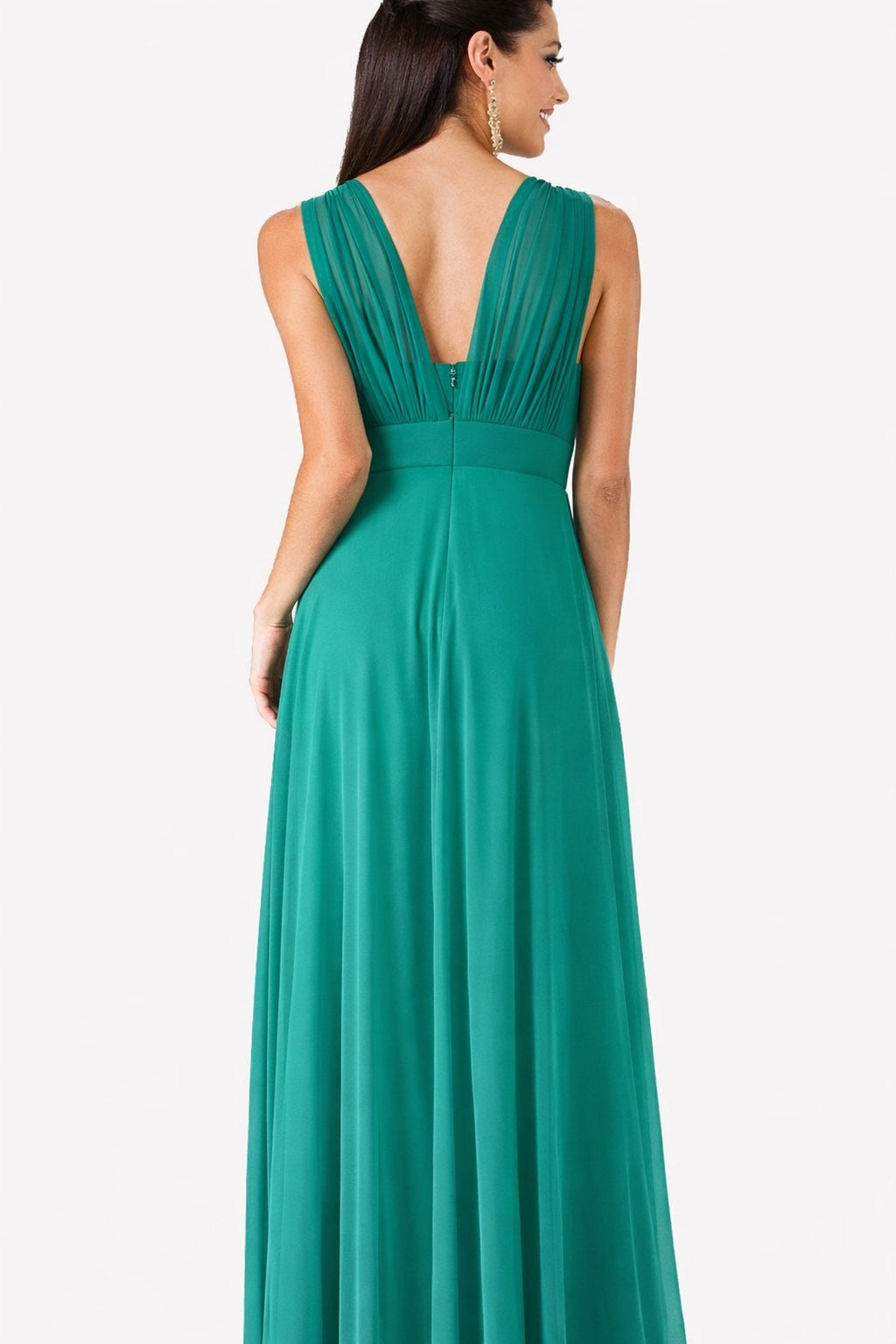 Jade chiffon low V-back sleeveless dress with jeweled waist belt and draped skirt.