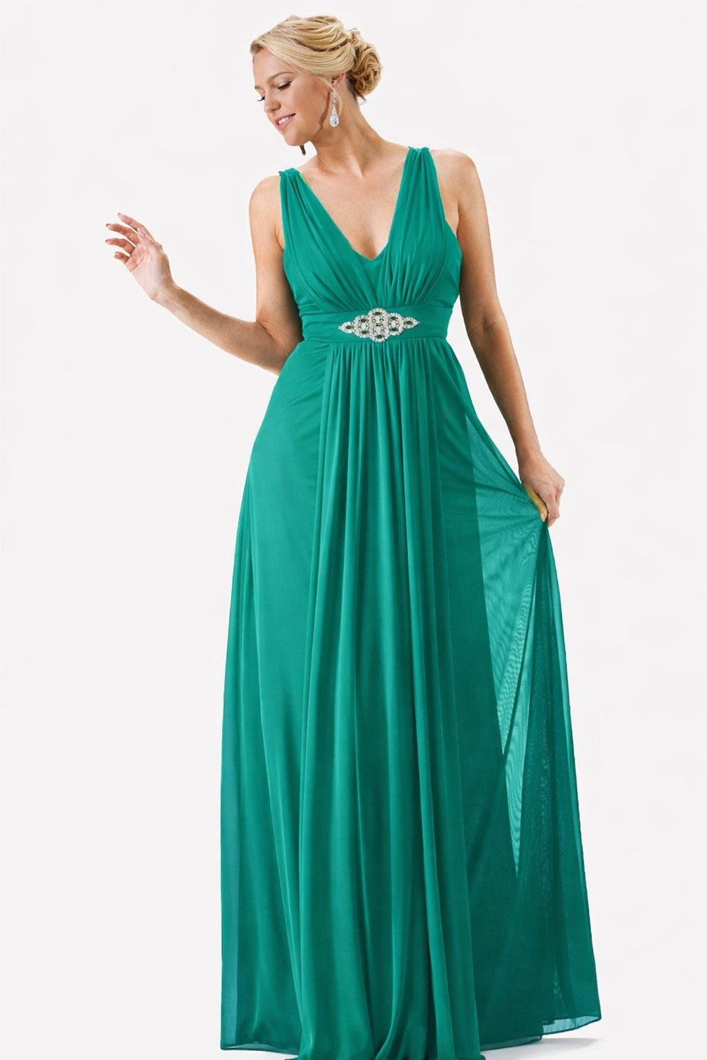 Jade chiffon V-neck sleeveless dress with jeweled waist belt and flowing A-line skirt.