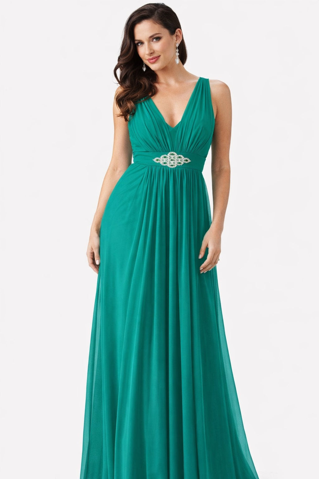 Jade chiffon sleeveless V-neck dress with decorative waist belt and pleated skirt.