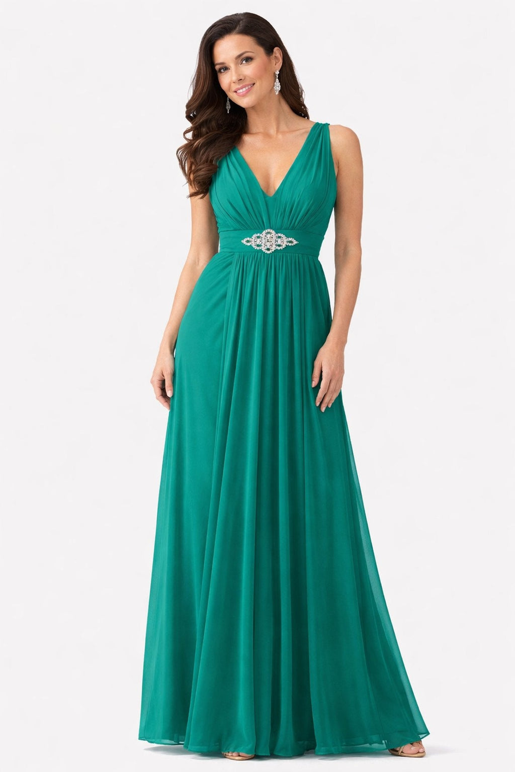 Jade chiffon V-neck sleeveless dress with jeweled waist belt and flowing skirt.
