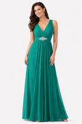 Jade chiffon V-neck sleeveless dress with jeweled waist belt and flowing skirt.
