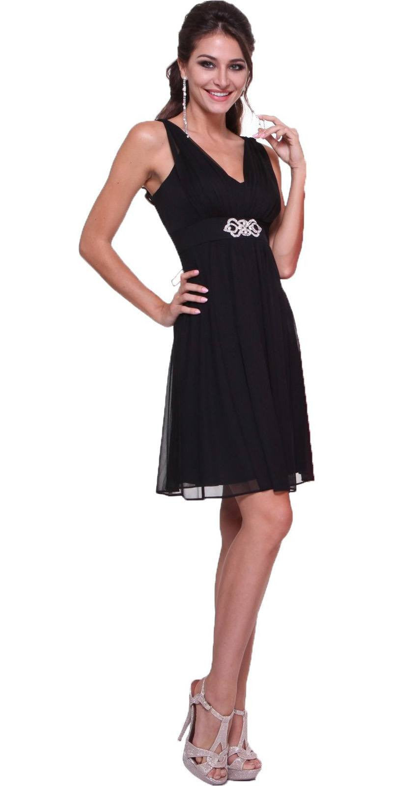 Black chiffon knee-length dress, V-neck, sleeveless, beaded waist ornament