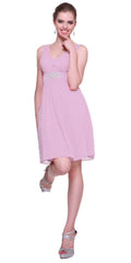 Lilac chiffon knee-length dress, V-neck, sleeveless, beaded waist detail
