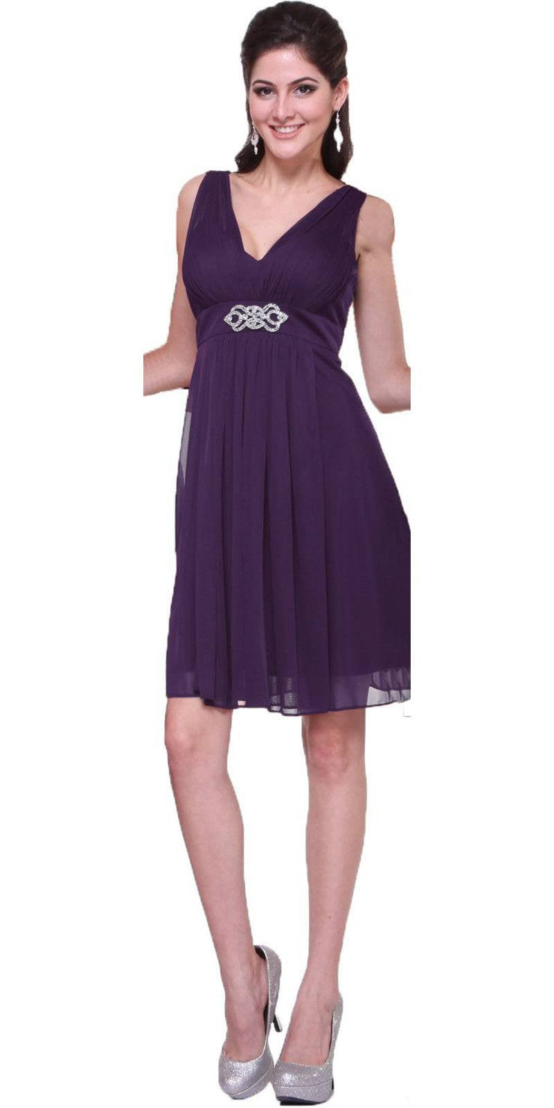 Knee-length chiffon dress, dark purple V-neck with ruched waist, sleeveless