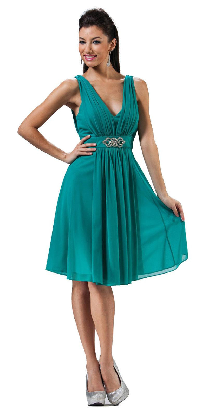 Teal chiffon knee-length dress, V-neck, sleeveless, beaded waist, flared skirt