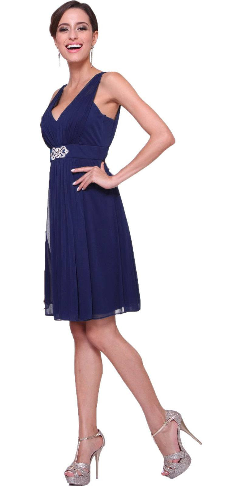 Navy chiffon knee-length dress, V-neck, sleeveless, beaded waist detail