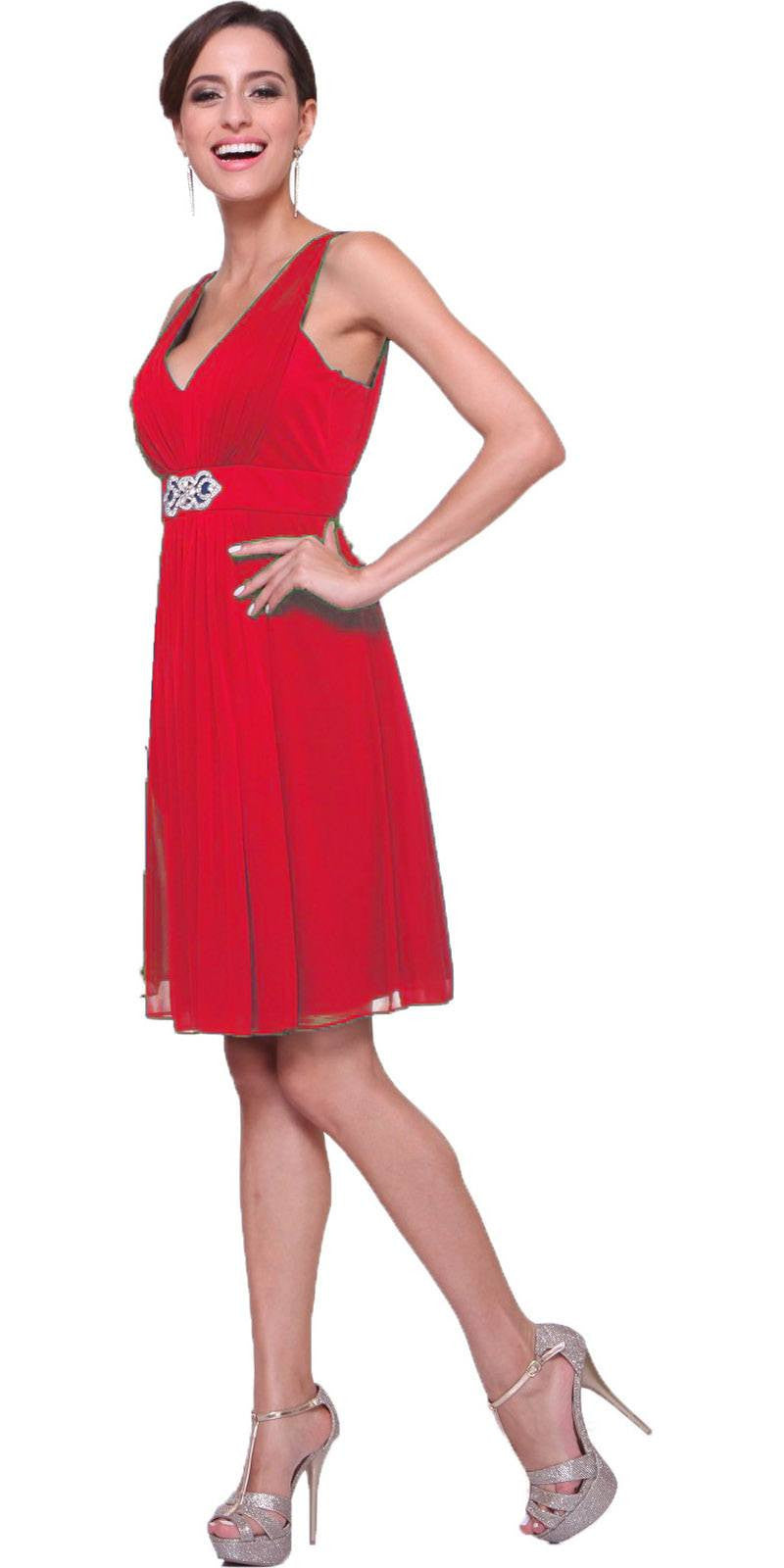 Red chiffon knee-length dress, V-neck, sleeveless, beaded waist detail