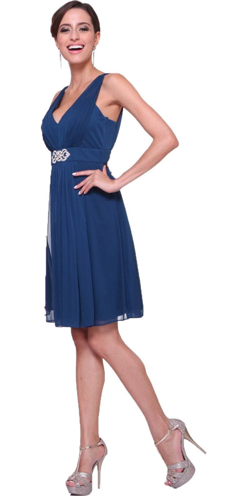 Deep blue chiffon knee-length dress, V-neck, sleeveless, beaded waist detail