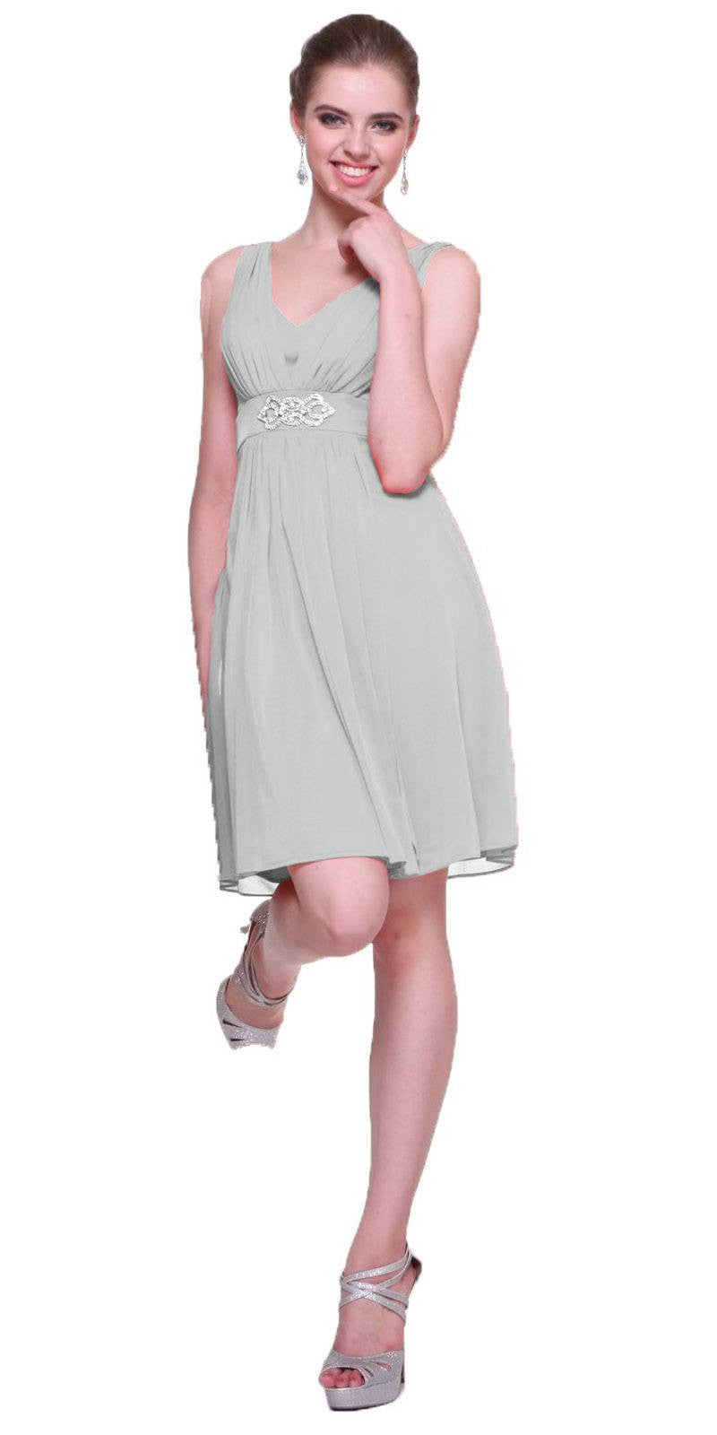 Knee-length chiffon dress, light gray V-neck with ruched waist, sleeveless