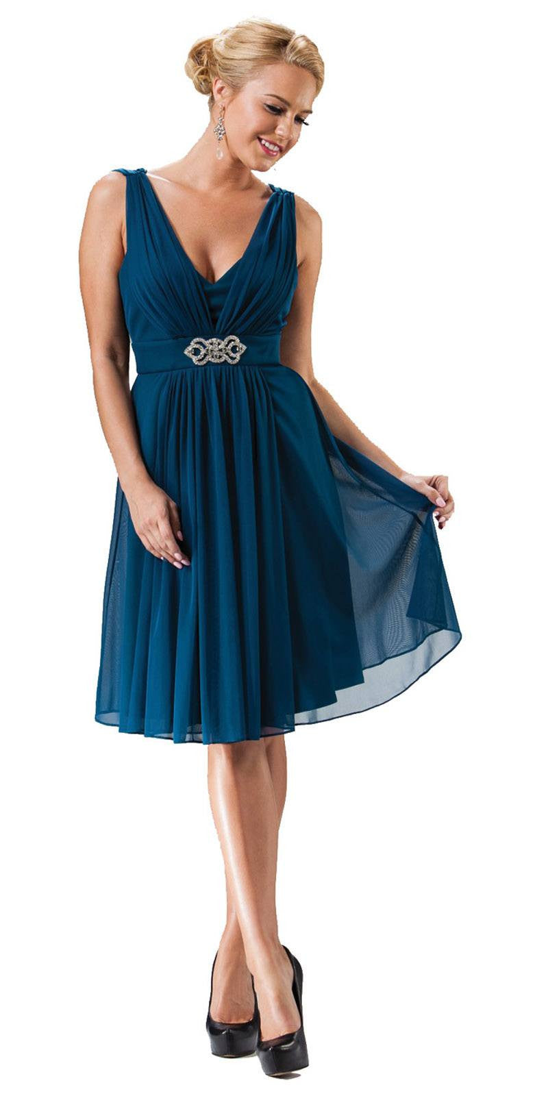 Teal chiffon knee-length dress, V-neck, sleeveless, beaded waist, flowing skirt