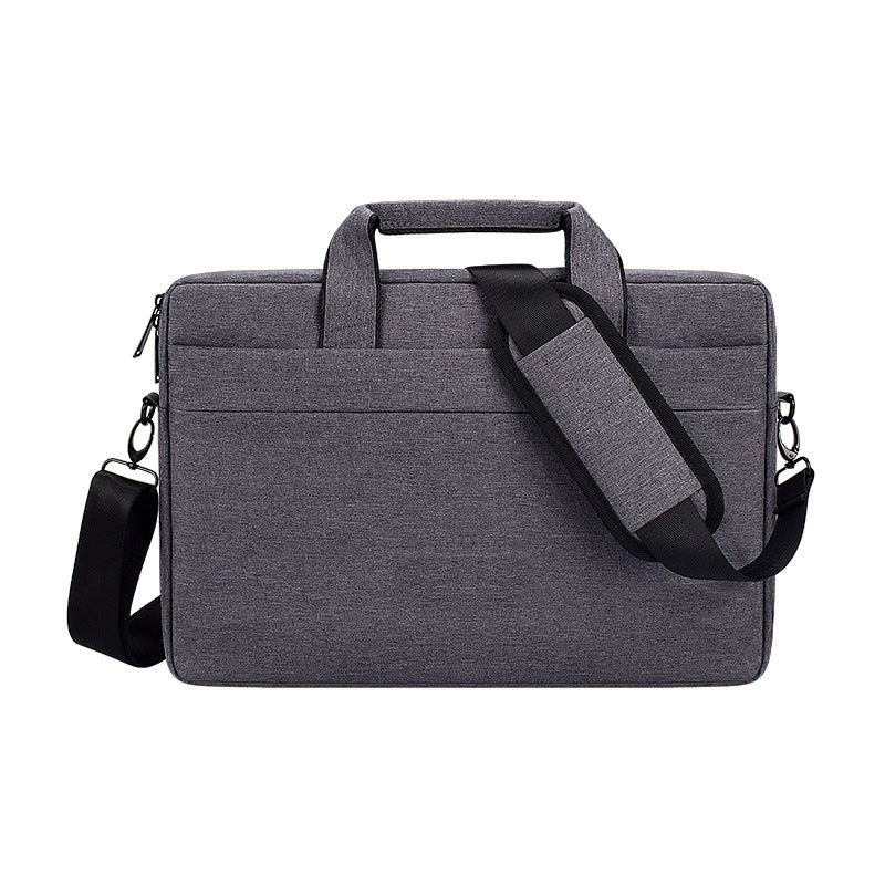 Dark grey laptop shoulder bag with top handle, front zipper pockets, and adjustable strap