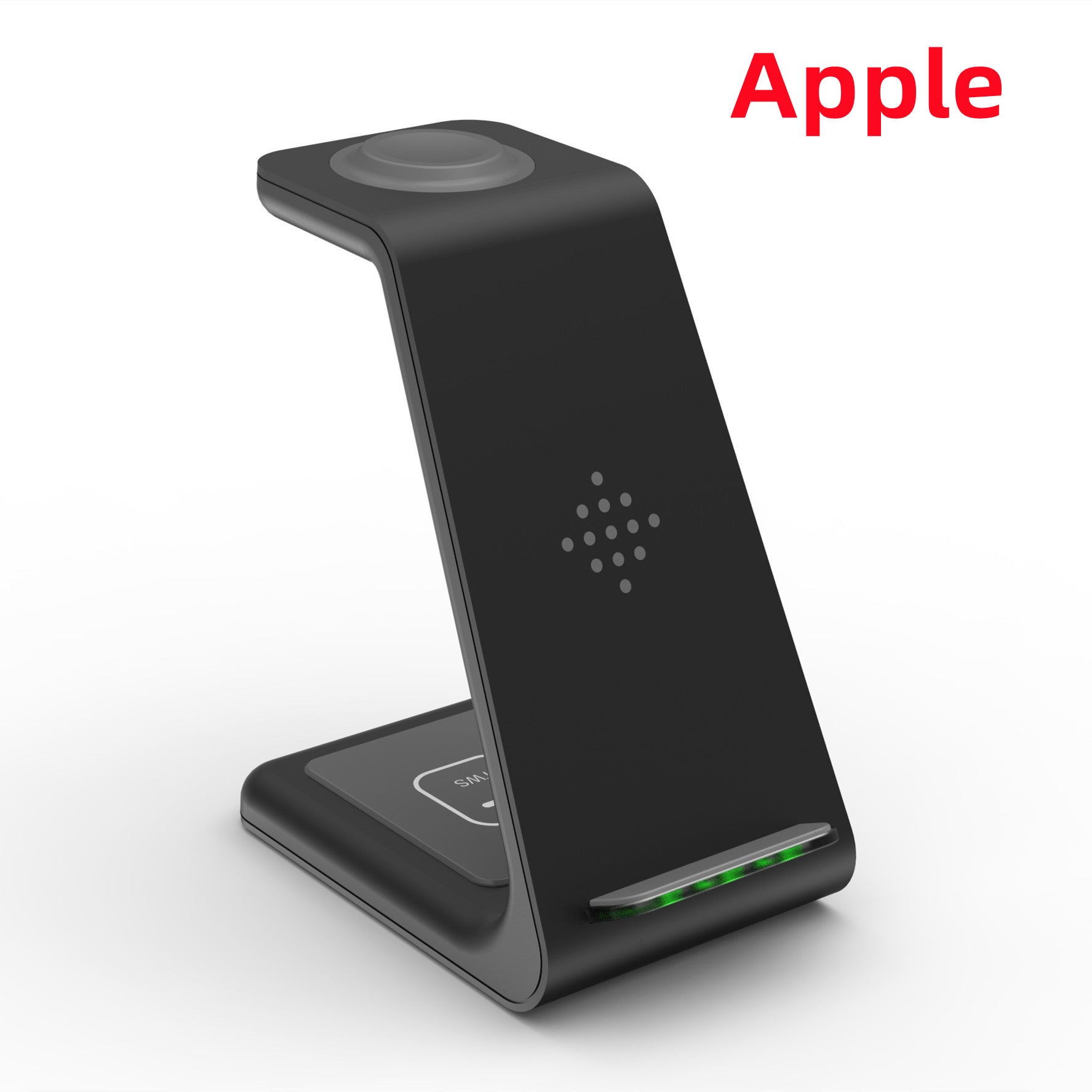 Black wireless charging stand dock with phone cradle and dual charging pads, LED strip.
